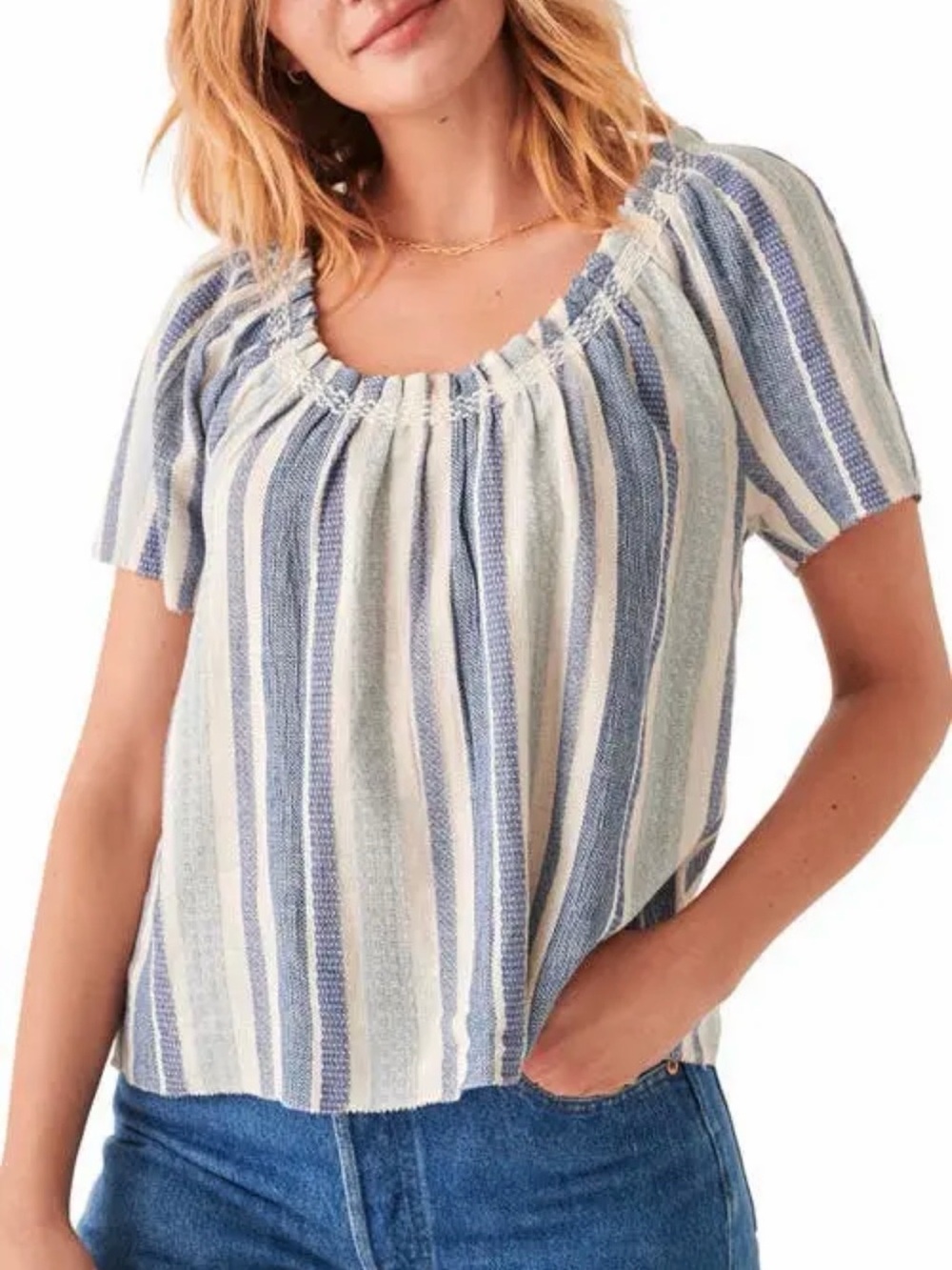 Faherty Annabelle Organic Cotton Striped Scoop Neck Blouse Top Medium